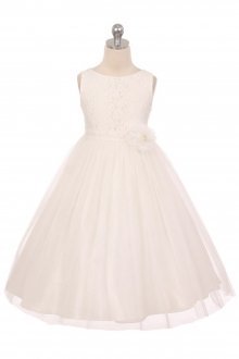 Off White Sleeveless Lace Detailing Flower Girl Dress with Overlay Tulle Skirt